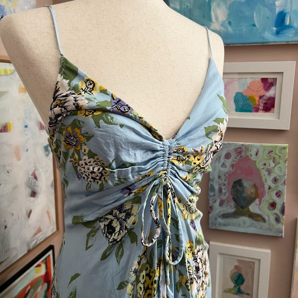Free People Happy Heart Blue Floral Ruched Mini Dress Cottagecore Picnic Size S - Picture 2 of 9